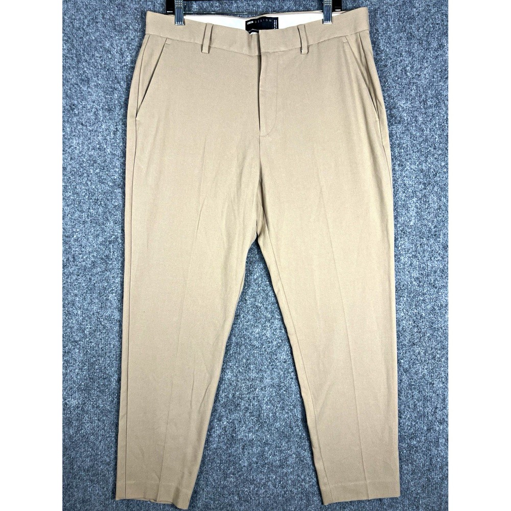 ASOS DESIGN Mens Dress Pants 34 Beige Slim Fit Tapered Flat Front Stretch